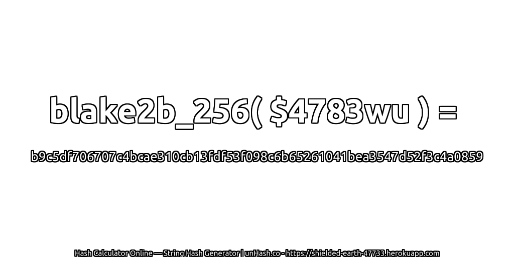 blake2b_256( $4783wu ) = b9c5df706707c4bcae310cb13fdf53f098c6b65261041bea3547d52f3c4a0859 | unHash.co