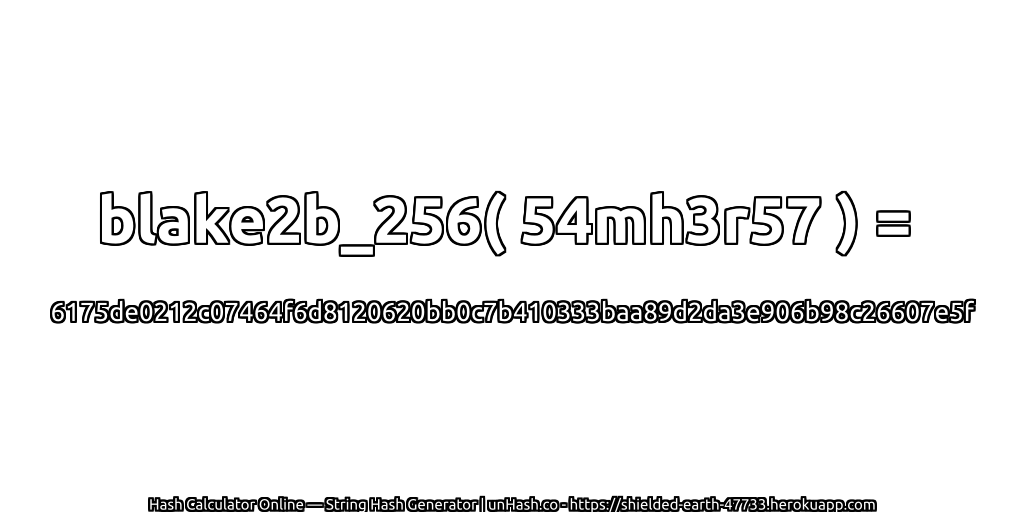 blake2b_256( 54mh3r57 ) = 6175de0212c07464f6d8120620bb0c7b410333baa89d2da3e906b98c26607e5f | unHash.co