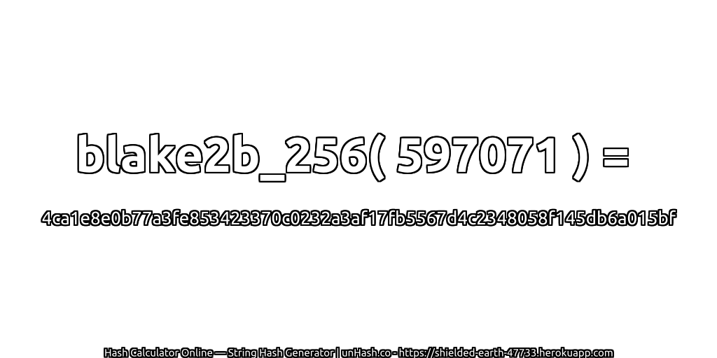 blake2b_256( 597071 ) = 4ca1e8e0b77a3fe853423370c0232a3af17fb5567d4c2348058f145db6a015bf | unHash.co