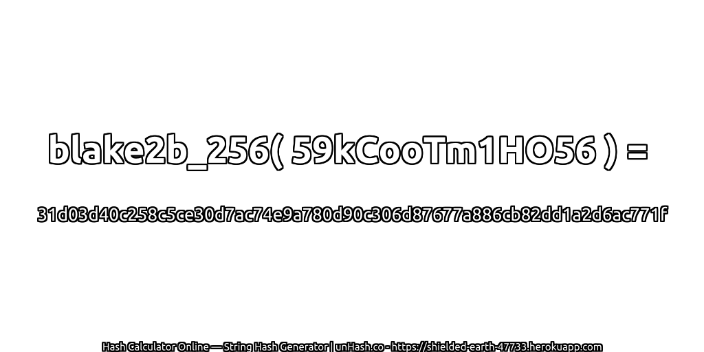 blake2b_256( 59kCooTm1HO56 ) = 31d03d40c258c5ce30d7ac74e9a780d90c306d87677a886cb82dd1a2d6ac771f | unHash.co