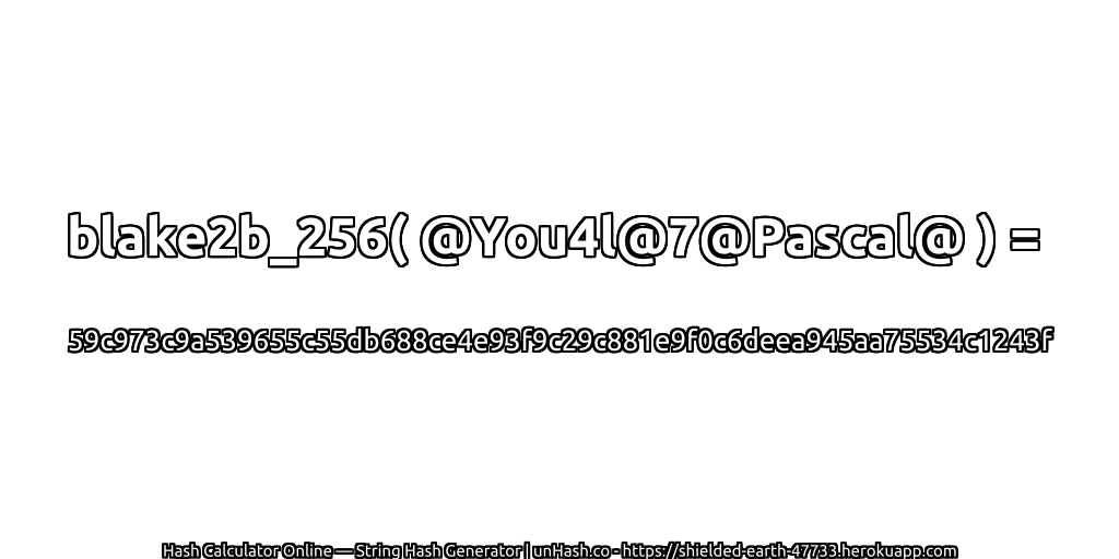 blake2b_256( @You4l@7@Pascal@ ) = 59c973c9a539655c55db688ce4e93f9c29c881e9f0c6deea945aa75534c1243f | unHash.co
