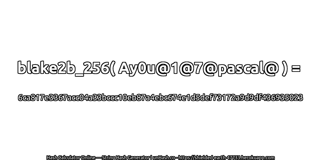 blake2b_256( Ay0u@1@7@pascal@ ) = 6ca817e3367acc04a33bccc10eb87a4ebc674e1d5def73172a9d9df436935023 | unHash.co