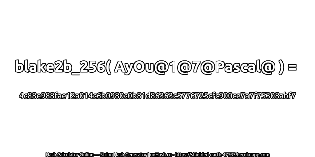 blake2b_256( AyOu@1@7@Pascal@ ) = 4c88e988fae12a014c6b0980c0b81d86363c5776725cfc900ce7a7f75308abf7 | unHash.co