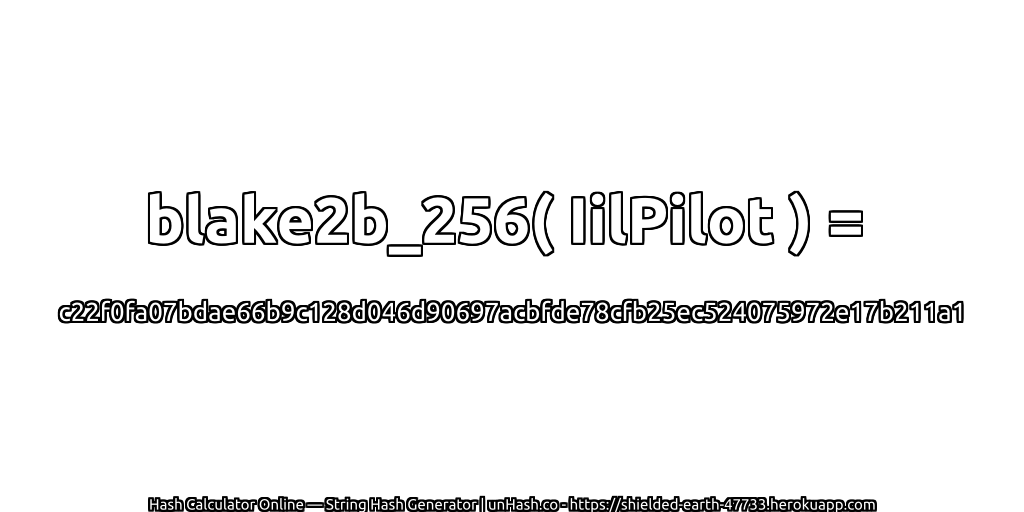 blake2b_256( IilPilot ) = c22f0fa07bdae66b9c128d046d90697acbfde78cfb25ec524075972e17b211a1 | unHash.co