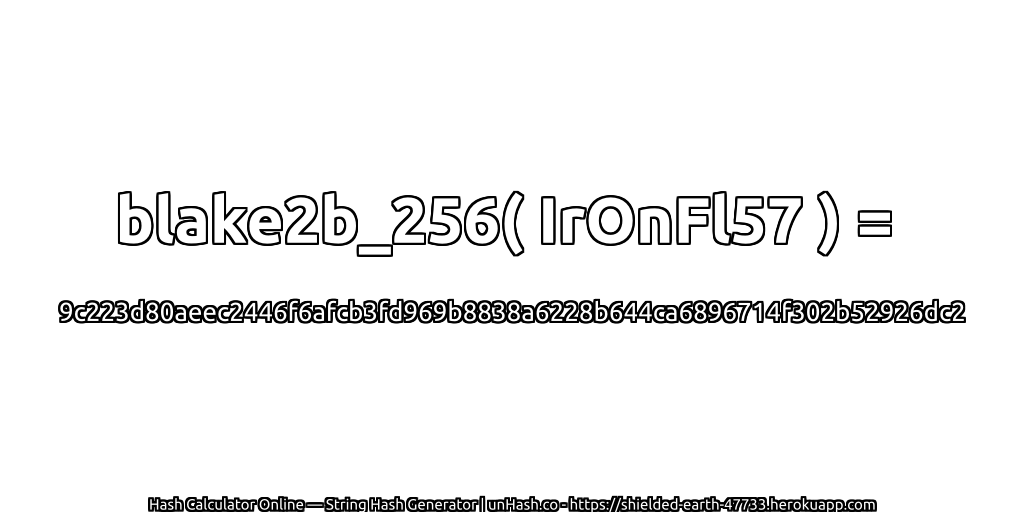 blake2b_256( IrOnFl57 ) = 9c223d80aeec2446f6afcb3fd969b8838a6228b644ca6896714f302b52926dc2 | unHash.co