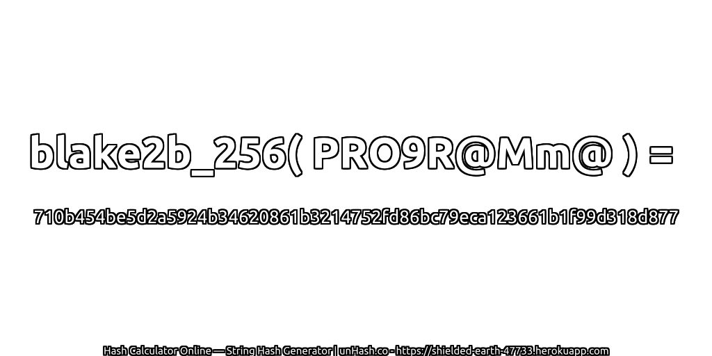 blake2b_256( PRO9R@Mm@ ) = 710b454be5d2a5924b34620861b3214752fd86bc79eca123661b1f99d318d877 | unHash.co