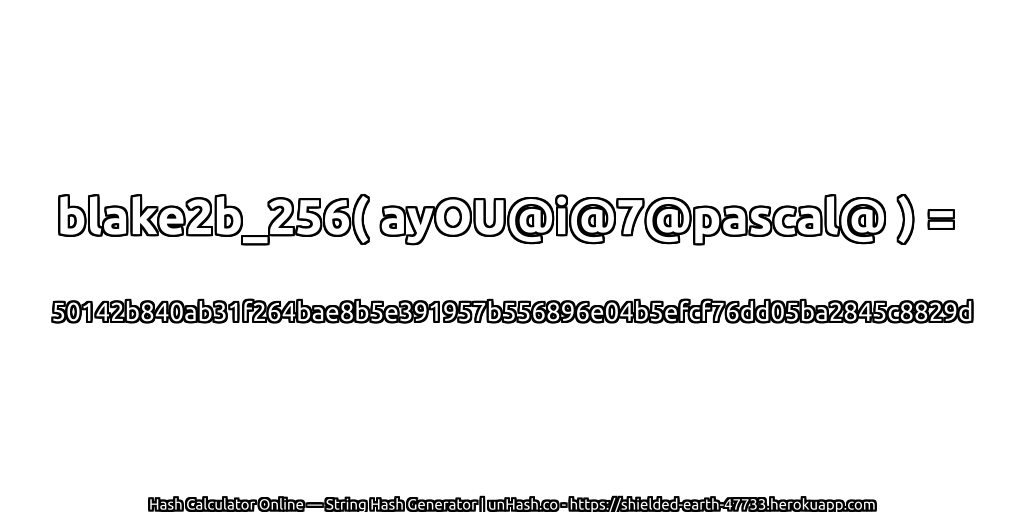 blake2b_256( ayOU@i@7@pascal@ ) = 50142b840ab31f264bae8b5e391957b556896e04b5efcf76dd05ba2845c8829d | unHash.co