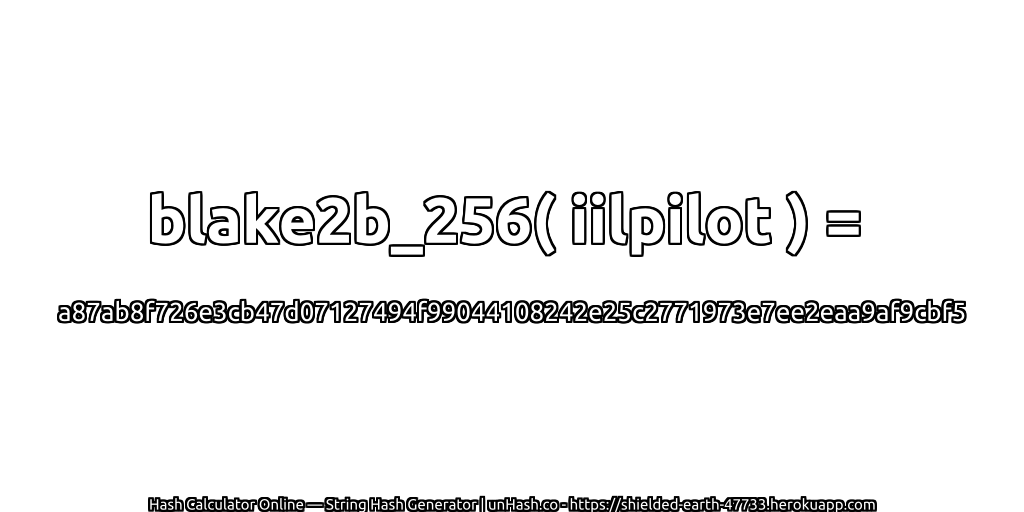 blake2b_256( iilpilot ) = a87ab8f726e3cb47d07127494f99044108242e25c2771973e7ee2eaa9af9cbf5 | unHash.co