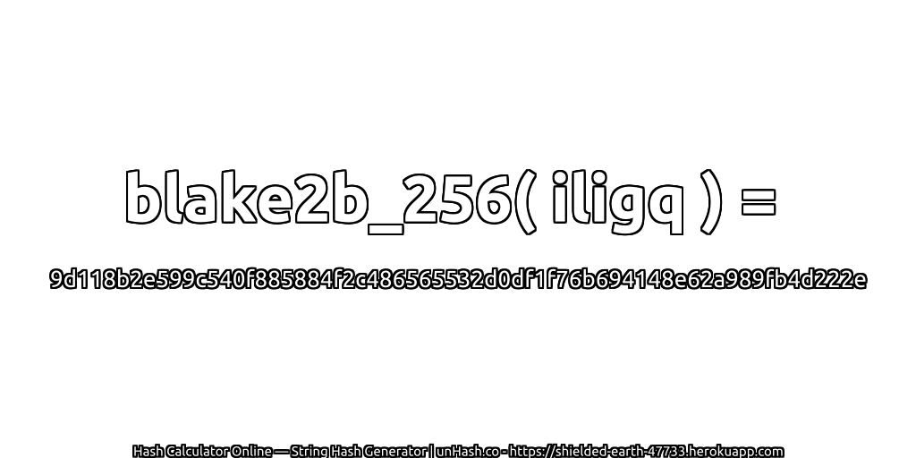 blake2b_256( iligq ) = 9d118b2e599c540f885884f2c486565532d0df1f76b694148e62a989fb4d222e | unHash.co