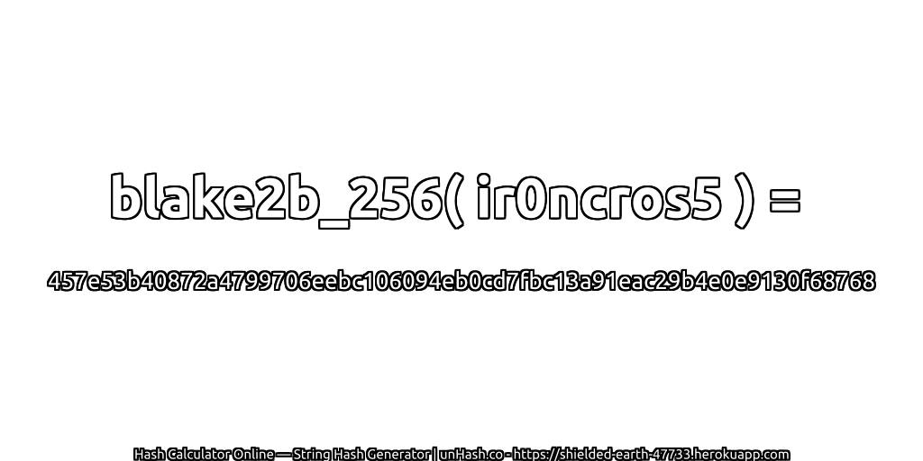 blake2b_256( ir0ncros5 ) = 457e53b40872a4799706eebc106094eb0cd7fbc13a91eac29b4e0e9130f68768 | unHash.co