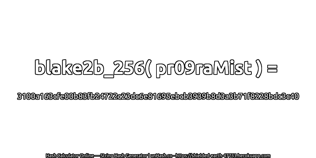 blake2b_256( pr09raMist ) = 3100a163cfe00b83fb24722c23dc6e81695ebcb3939b8d3a3b71f8228bdc3c40 | unHash.co
