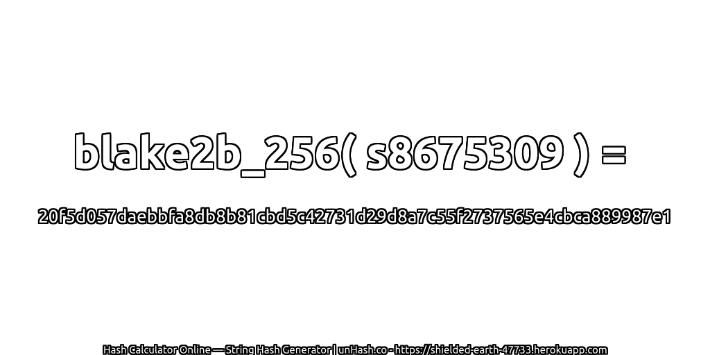 blake2b_256( s8675309 ) = 20f5d057daebbfa8db8b81cbd5c42731d29d8a7c55f2737565e4cbca889987e1 | unHash.co