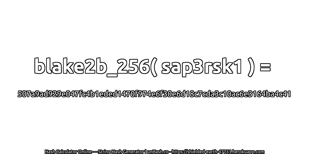 blake2b_256( sap3rsk1 ) = 507a9ad929e047fc4b1eded1470f974e6f30e6d18c7cda3c10ac6e3164ba4c41 | unHash.co