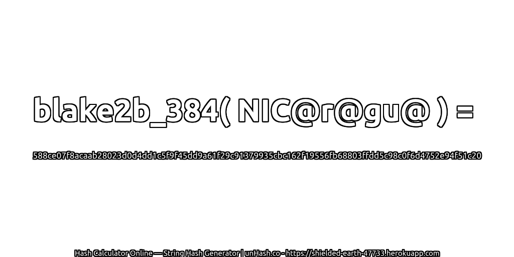 blake2b_384( NIC@r@gu@ ) = 588ce07f8acaab28023d0d4dd1c5f9f45dd9a61f29c91379935cbc162f19556fb68803ffdd5c98c0f6d4752e94f51c20 | unHash.co