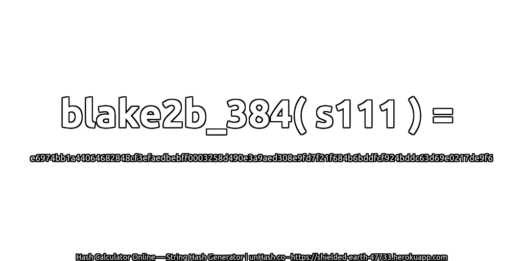 blake2b_384( s111 ) = e6974bb1a44064682848cf3efaedbebff0003258d490e3a9aed308e9fd7f21f684b6bddfcf924bddc63d69e0217de9f6 | unHash.co