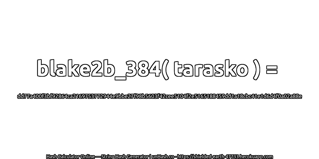 blake2b_384( tarasko ) = dd77a400f3bf92864ca2169753772944e9bbe27f98b5603f42cee5104f2e5165188459dd1a18cbc41e1d6d4f0a02a88e | unHash.co