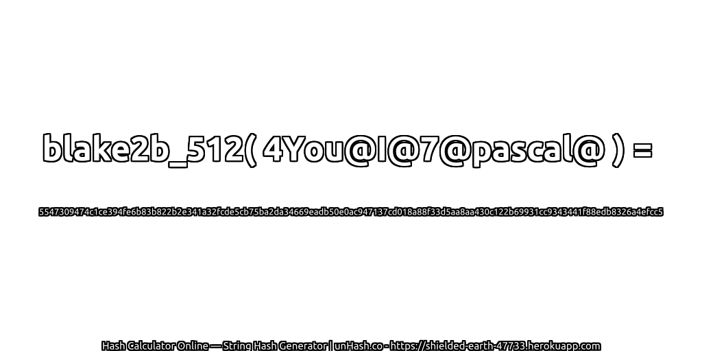 blake2b_512( 4You@I@7@pascal@ ) = 5547309474c1ce394fe6b83b822b2e341a32fcde5cb75ba2da34669eadb50e0ac947137cd018a88f33d5aa8aa430c122b69931cc9343441f88edb8326a4efcc5 | unHash.co