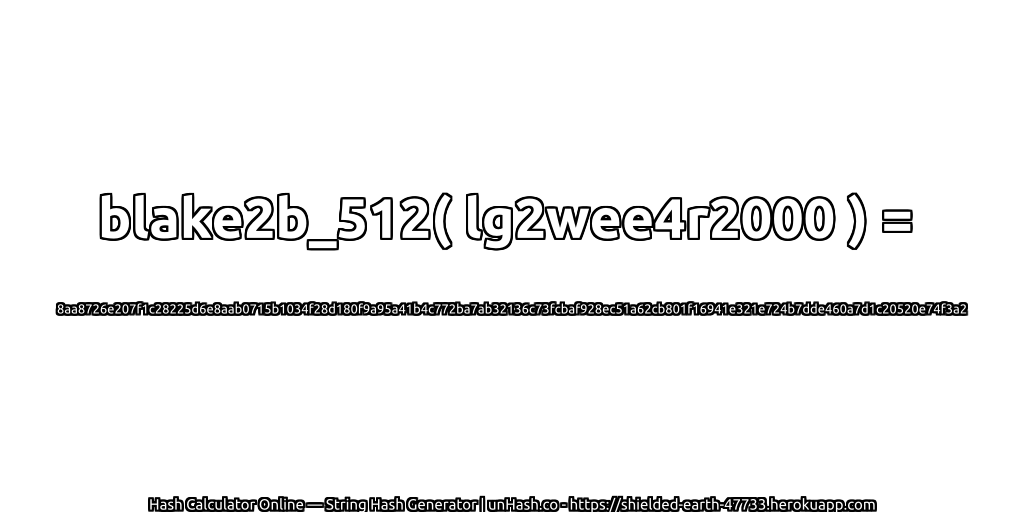blake2b_512( lg2wee4r2000 ) = 8aa8726e207f1c28225d6e8aab0715b1034f28d180f9a95a41b4c772ba7ab32136c73fcbaf928ec51a62cb801f16941e321e724b7dde460a7d1c20520e74f3a2 | unHash.co