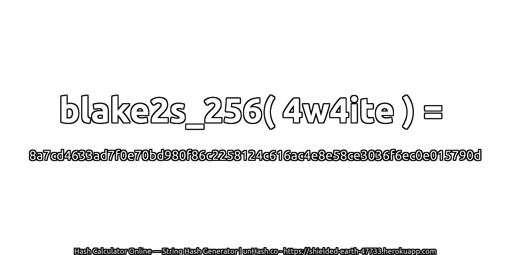 blake2s_256( 4w4ite ) = 8a7cd4633ad7f0e70bd980f86c2258124c616ac4e8e58ce3036f6ec0e015790d | unHash.co