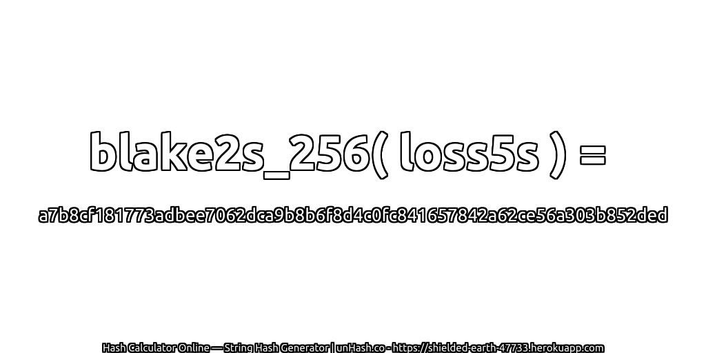 blake2s_256( loss5s ) = a7b8cf181773adbee7062dca9b8b6f8d4c0fc841657842a62ce56a303b852ded | unHash.co