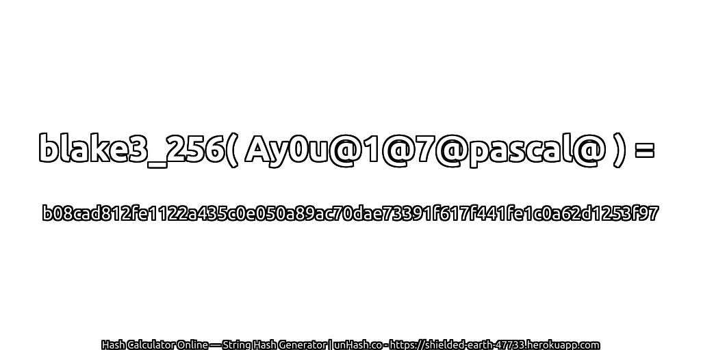 blake3_256( Ay0u@1@7@pascal@ ) = b08cad812fe1122a435c0e050a89ac70dae73391f617f441fe1c0a62d1253f97 | unHash.co