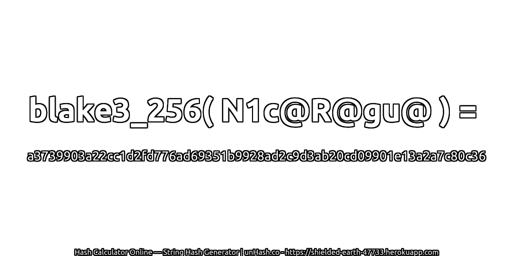 blake3_256( N1c@R@gu@ ) = a3739903a22cc1d2fd776ad69351b9928ad2c9d3ab20cd09901e13a2a7c80c36 | unHash.co