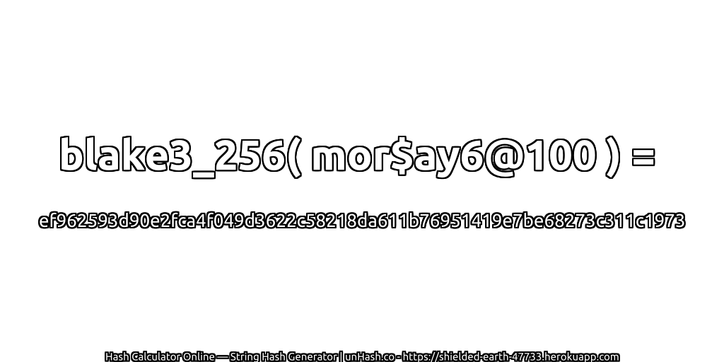 blake3_256( mor$ay6@100 ) = ef962593d90e2fca4f049d3622c58218da611b76951419e7be68273c311c1973 | unHash.co