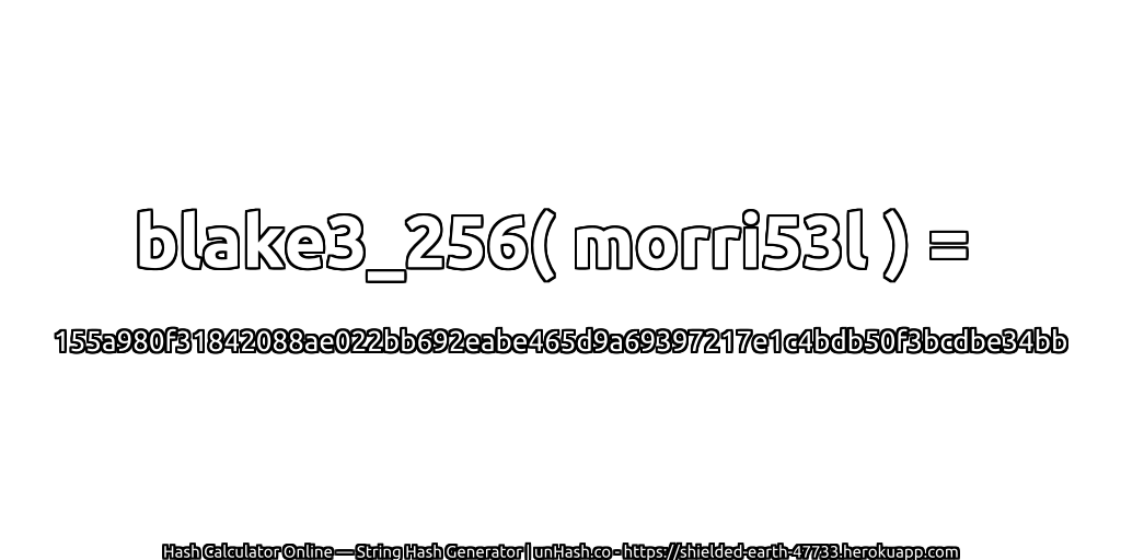 blake3_256( morri53l ) = 155a980f31842088ae022bb692eabe465d9a69397217e1c4bdb50f3bcdbe34bb | unHash.co
