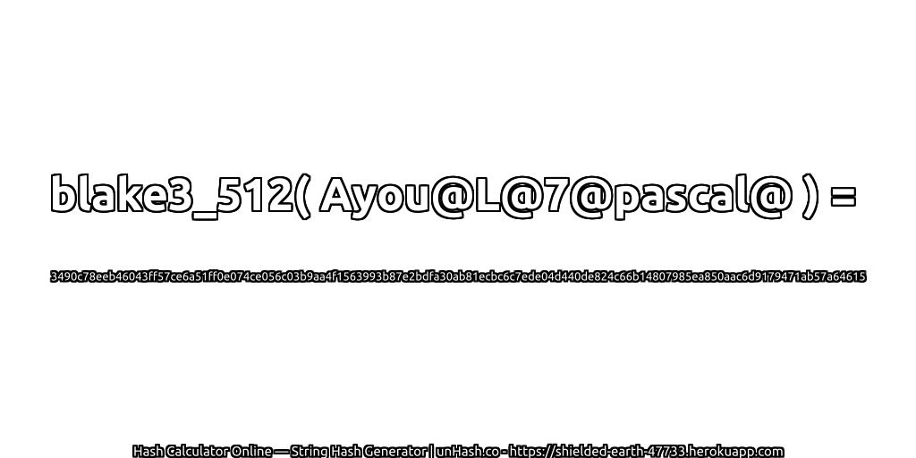 blake3_512( Ayou@L@7@pascal@ ) = 3490c78eeb46043ff57ce6a51ff0e074ce056c03b9aa4f1563993b87e2bdfa30ab81ecbc6c7ede04d440de824c66b14807985ea850aac6d9179471ab57a64615 | unHash.co