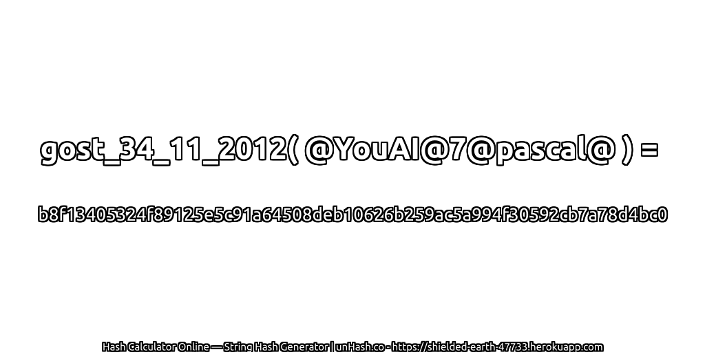 gost_34_11_2012( @YouAI@7@pascal@ ) = b8f13405324f89125e5c91a64508deb10626b259ac5a994f30592cb7a78d4bc0 | unHash.co
