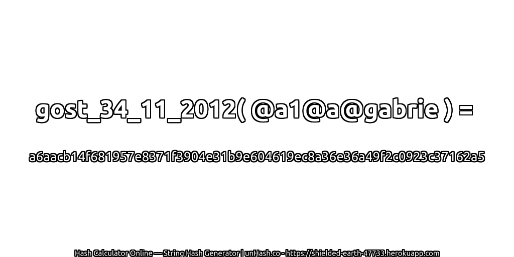 gost_34_11_2012( @a1@a@gabrie ) = a6aacb14f681957e8371f3904e31b9e604619ec8a36e36a49f2c0923c37162a5 | unHash.co
