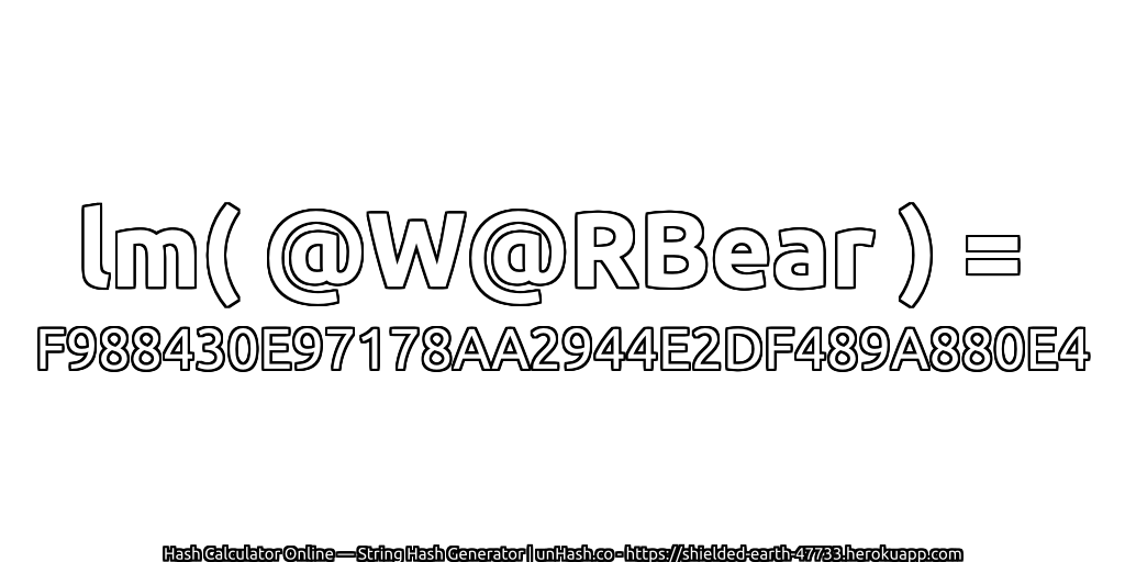 lm( @W@RBear ) = F988430E97178AA2944E2DF489A880E4 | unHash.co