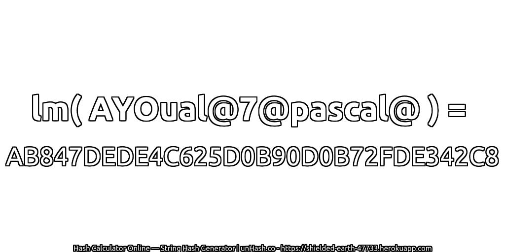 lm( AYOual@7@pascal@ ) = AB847DEDE4C625D0B90D0B72FDE342C8 | unHash.co