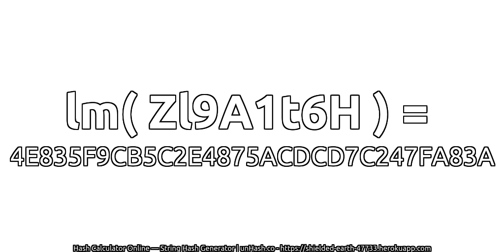 lm( Zl9A1t6H ) = 4E835F9CB5C2E4875ACDCD7C247FA83A | unHash.co