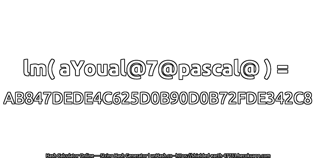 lm( aYoual@7@pascal@ ) = AB847DEDE4C625D0B90D0B72FDE342C8 | unHash.co