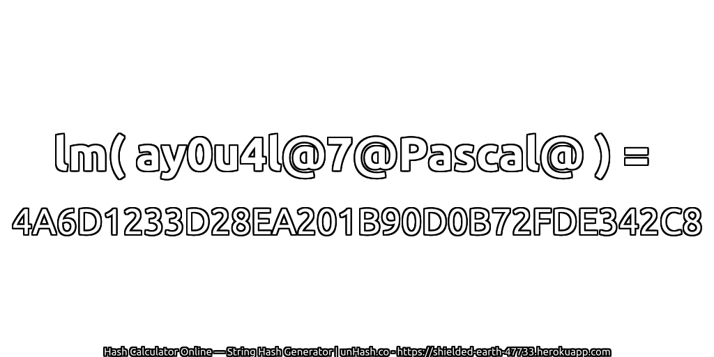 lm( ay0u4l@7@Pascal@ ) = 4A6D1233D28EA201B90D0B72FDE342C8 | unHash.co