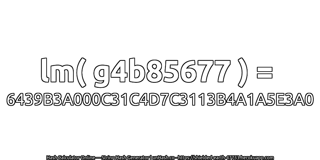 lm( g4b85677 ) = 6439B3A000C31C4D7C3113B4A1A5E3A0 | unHash.co