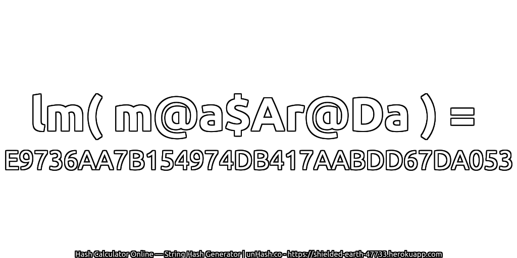 lm( m@a$Ar@Da ) = E9736AA7B154974DB417AABDD67DA053 | unHash.co