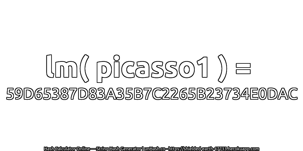 lm( picasso1 ) = 59D65387D83A35B7C2265B23734E0DAC | unHash.co