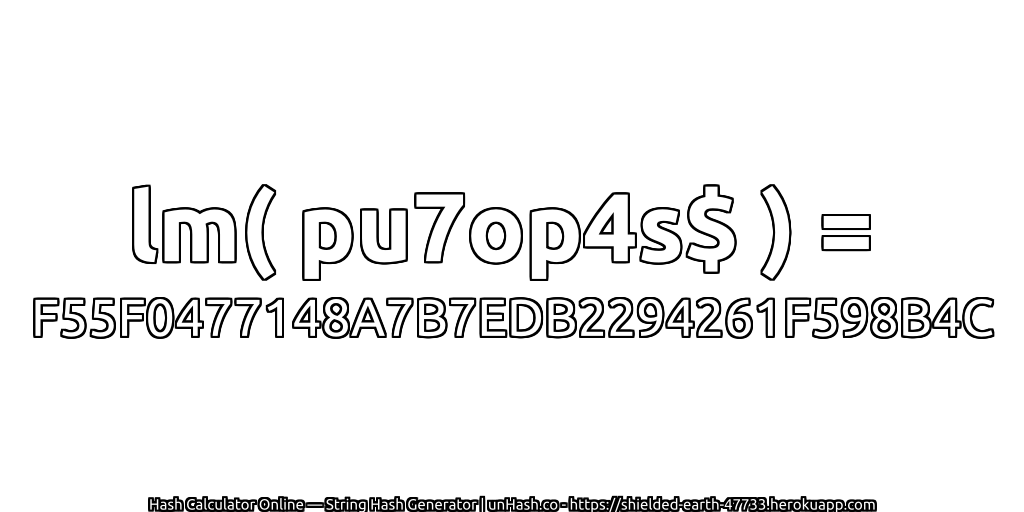 lm( pu7op4s$ ) = F55F0477148A7B7EDB2294261F598B4C | unHash.co