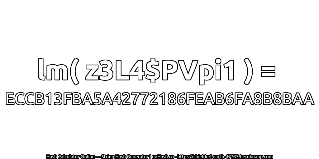 lm( z3L4$PVpi1 ) = ECCB13FBA5A42772186FEAB6FA8B8BAA | unHash.co