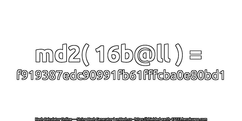 md2( 16b@ll ) = f919387edc90991fb61fffcba0e80bd1 | unHash.co