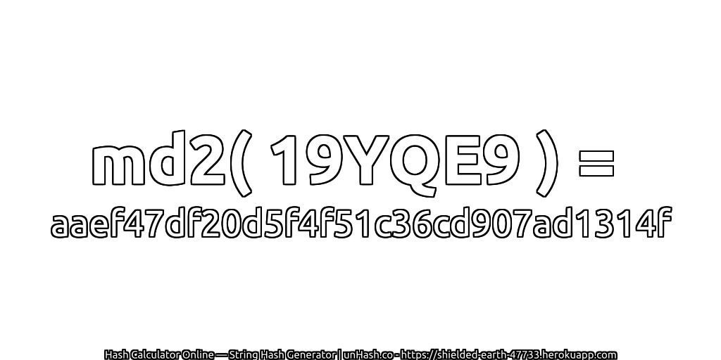 md2( 19YQE9 ) = aaef47df20d5f4f51c36cd907ad1314f | unHash.co