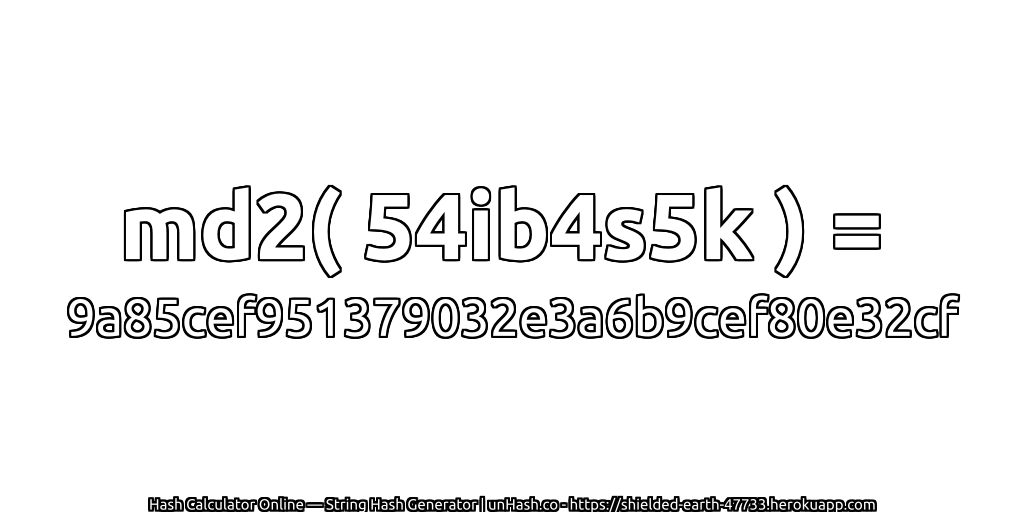 md2( 54ib4s5k ) = 9a85cef951379032e3a6b9cef80e32cf | unHash.co