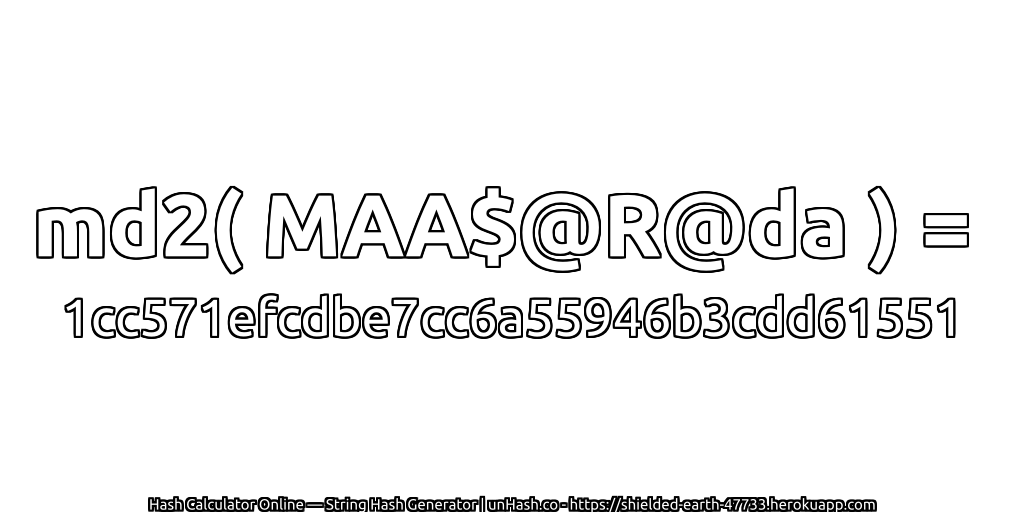 md2( MAA$@R@da ) = 1cc571efcdbe7cc6a55946b3cdd61551 | unHash.co