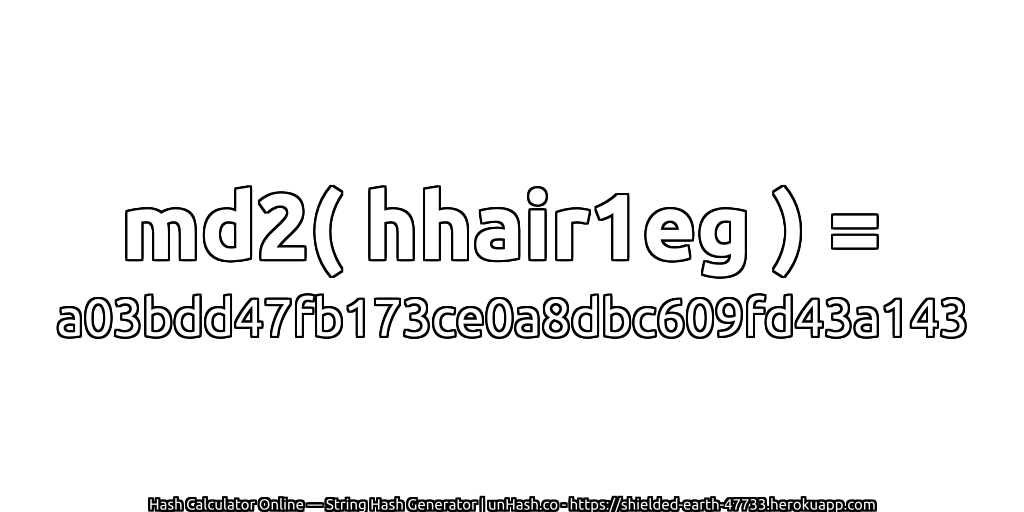 md2( hhair1eg ) = a03bdd47fb173ce0a8dbc609fd43a143 | unHash.co