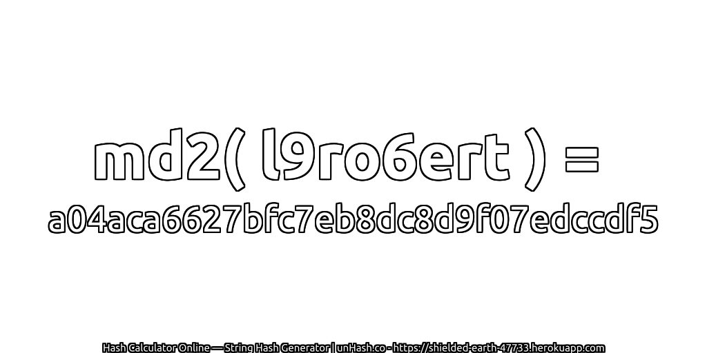 md2( l9ro6ert ) = a04aca6627bfc7eb8dc8d9f07edccdf5 | unHash.co
