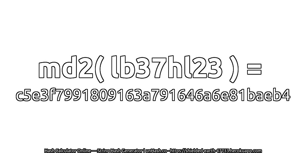 md2( lb37hl23 ) = c5e3f7991809163a791646a6e81baeb4 | unHash.co