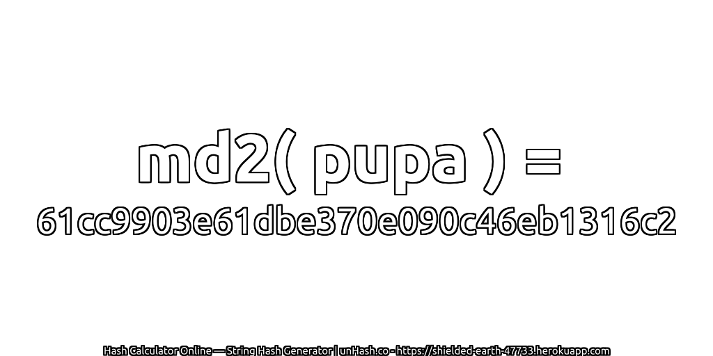 md2( pupa ) = 61cc9903e61dbe370e090c46eb1316c2 | unHash.co