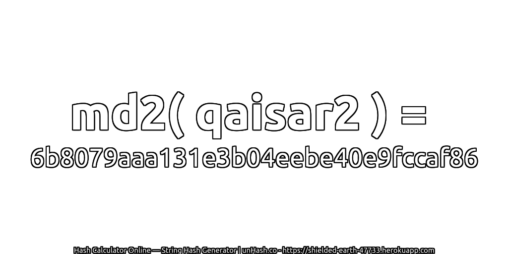 md2( qaisar2 ) = 6b8079aaa131e3b04eebe40e9fccaf86 | unHash.co